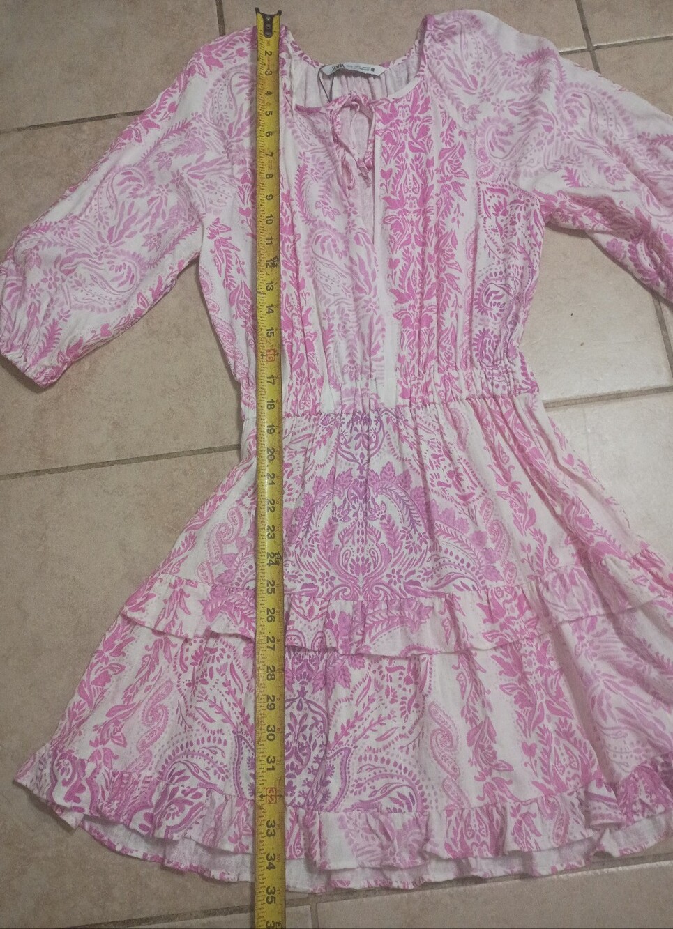 Zara Pink Patterned Tiered Tie-Neck Mini Dress - Picture 8 of 9